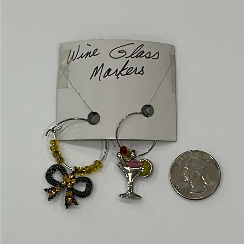 Wine Glass Markers Yellow Rhinestone Bow Cocktail Silver Tone Set of 2 OS